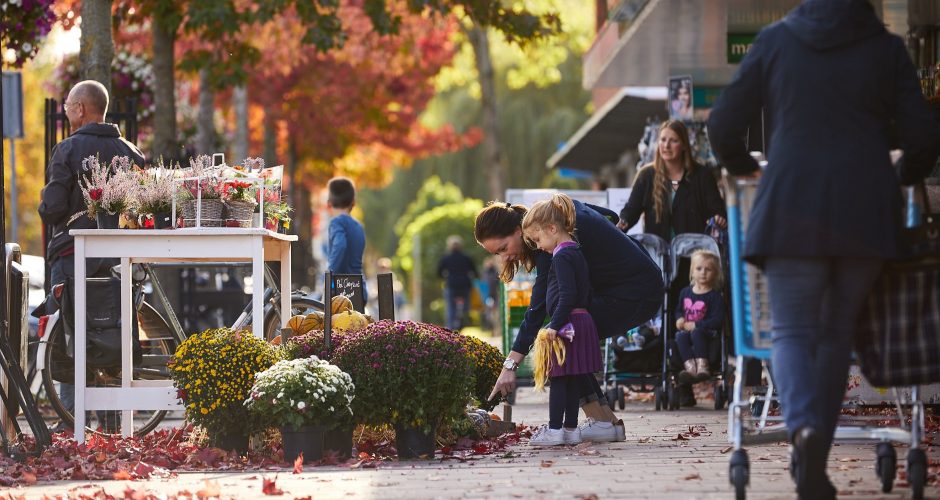 Bloemenkraam en winkelend publiek in het centrum van Puttershoek