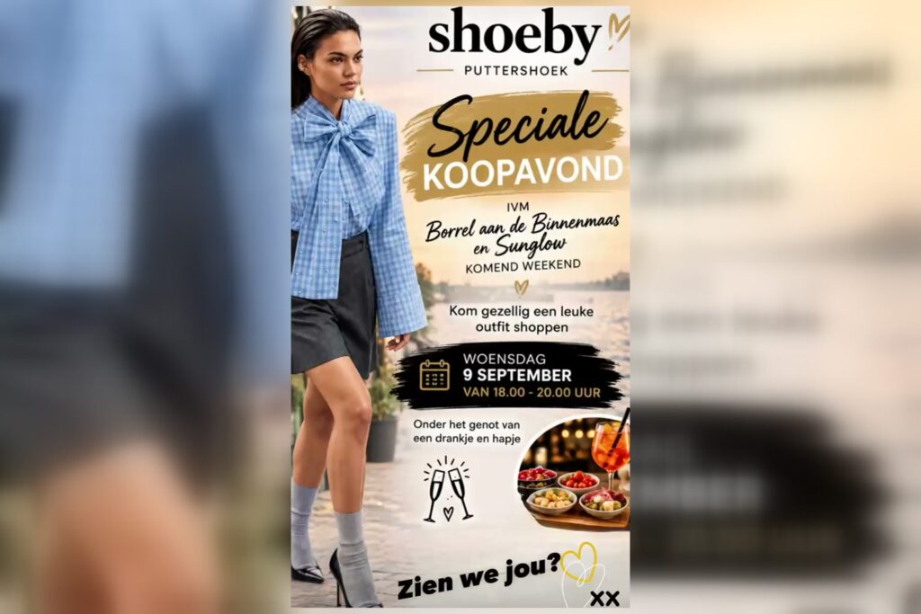 Poster: speciale koopavond bij Shoeby Puttershoek op woensdag 9 september van 18.00 tot 20.00 uur