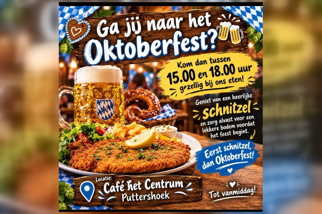 Poster: Ga jij naar het Oktoberfest? Schnitzel eten bij Café het Centrum, 15.00 tot 18.00 uur